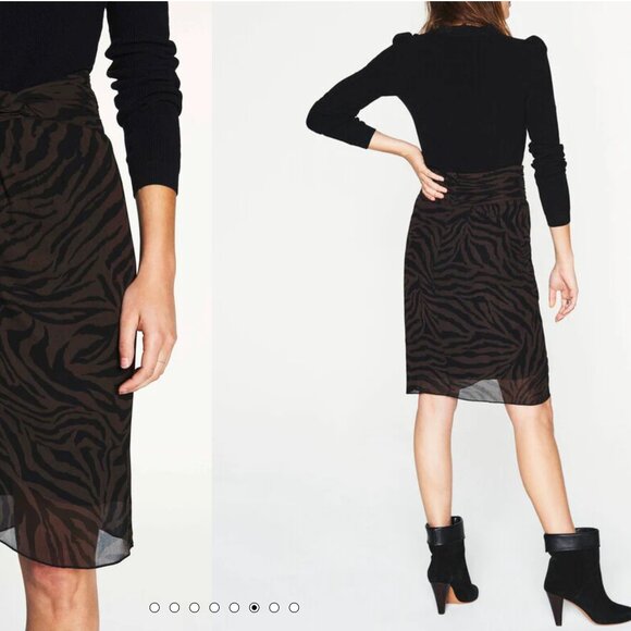 BA&SH Scarlett knee length skirt. Brown Ruffle Zebra Animal Print. Size S - Picture 8 of 8